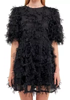 Gridded Mesh Feathered Puff Sleeve Mini Dress