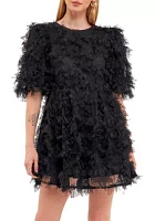 Gridded Mesh Feathered Puff Sleeve Mini Dress