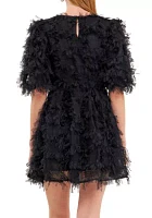 Gridded Mesh Feathered Puff Sleeve Mini Dress