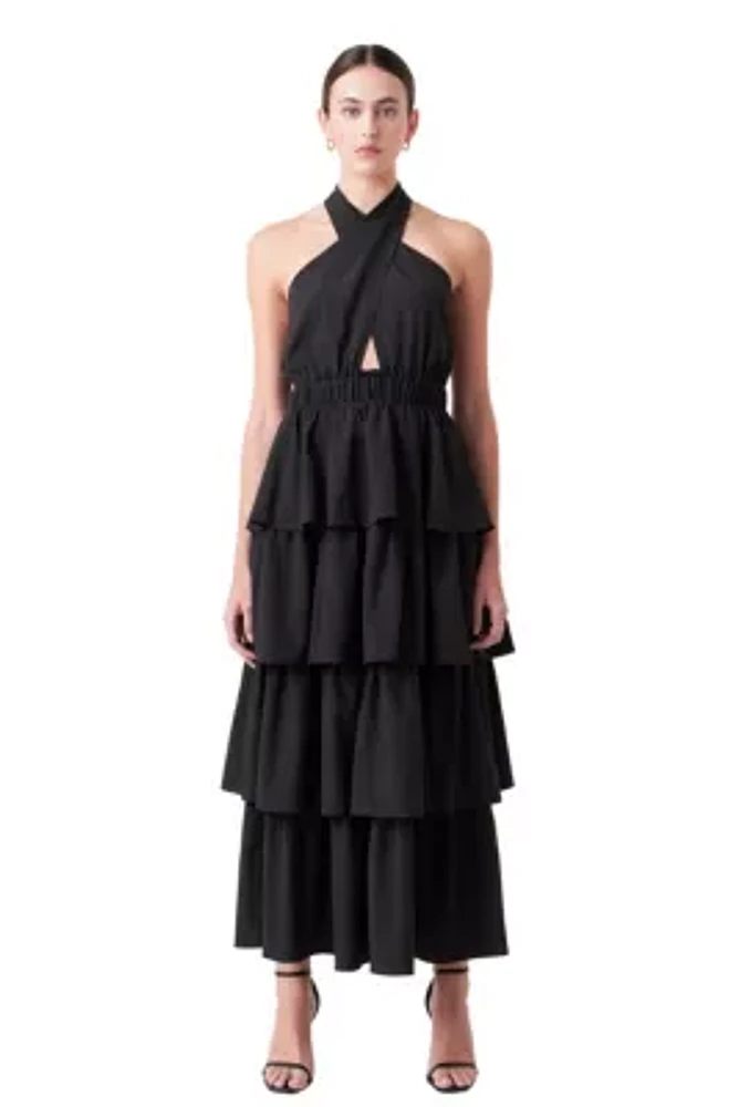 Crossed Halter Neck Tiered Maxi Dress