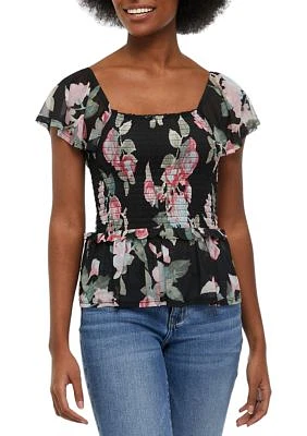 Women's Flutter Sleeve Floral Smocked Top