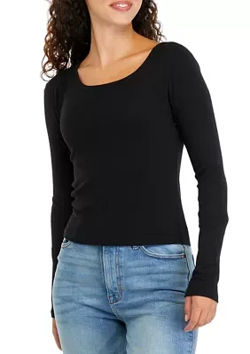 Juniors' Long Sleeve Ribbed Scoop Neck T-Shirt