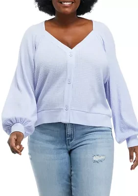 Plus Long Sleeve Button Front Waffle Top