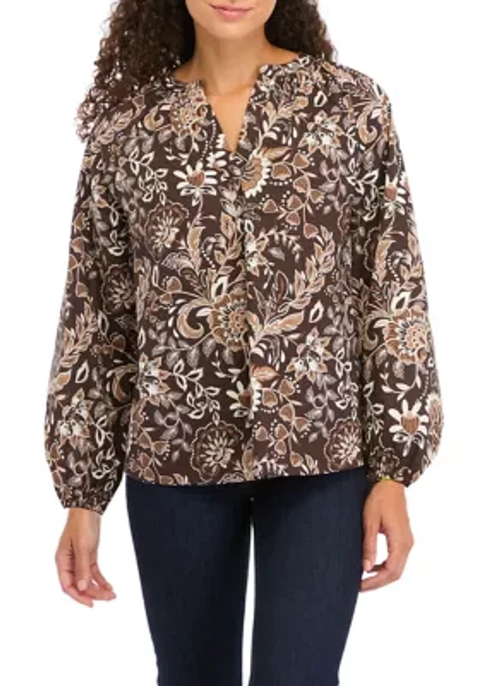 Petite Long Sleeve Split Neck Printed Peasant Top