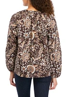 Petite Long Sleeve Split Neck Printed Peasant Top