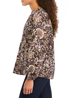 Petite Long Sleeve Split Neck Printed Peasant Top