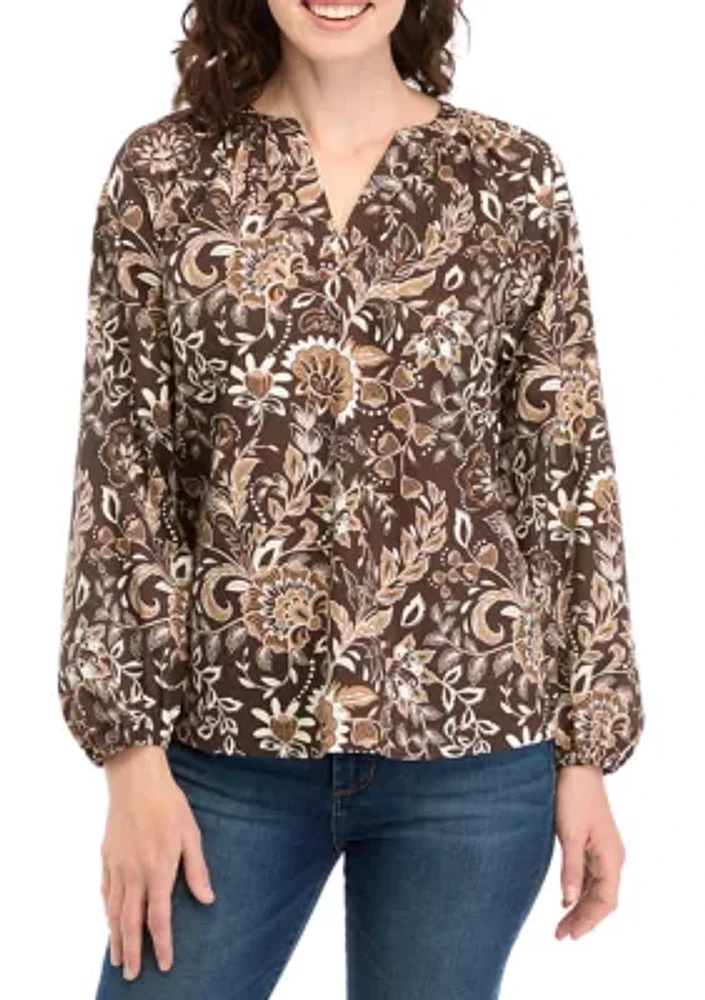 Women's Long Sleeve Printed Peasant Top