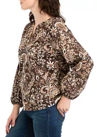 Women's Long Sleeve Printed Peasant Top