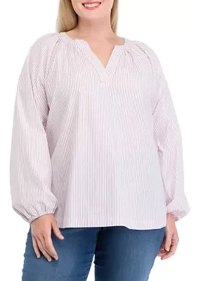 Plus Long Sleeve Lurex Yarn Dyed Peasant Top