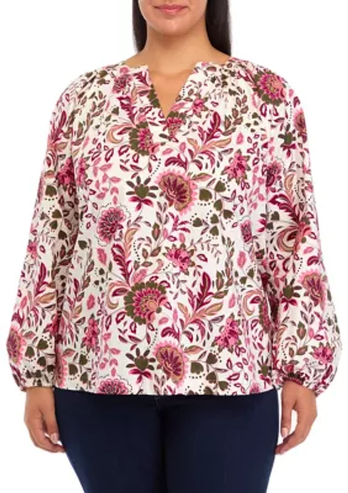 Plus Long Sleeve Printed Peasant Top