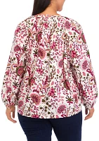 Plus Long Sleeve Printed Peasant Top