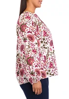 Plus Long Sleeve Printed Peasant Top