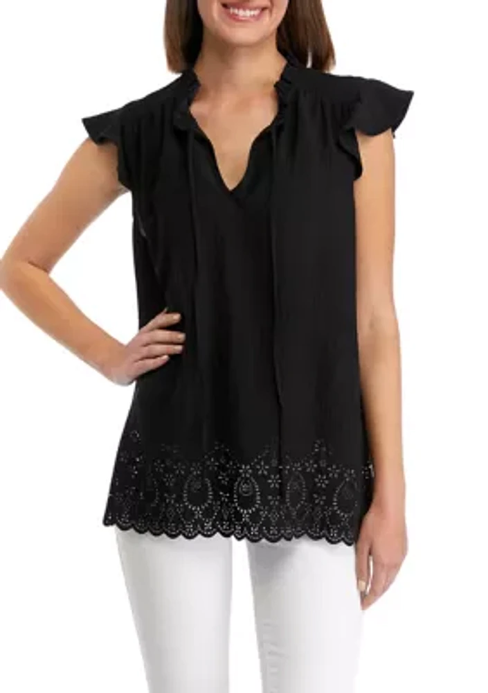 Women's Flutter Sleeve Laser Eyelet Blouse