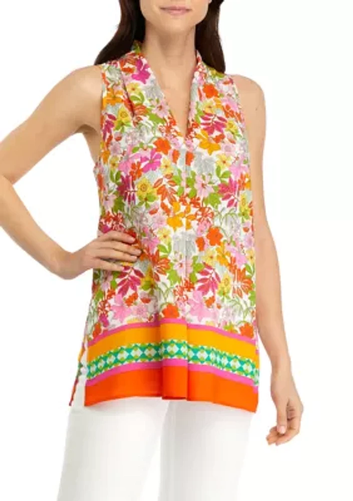 Women's Sleeveless Printed Pleated Front Blouse