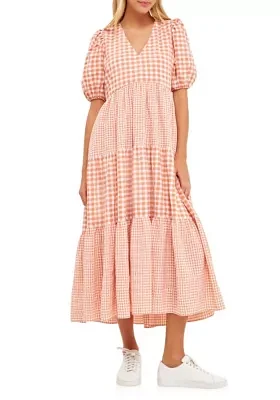 Gingham Check Combination Midi Dress