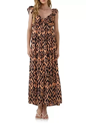 Tiger Print Ruffle Sleeve Maxi Dress