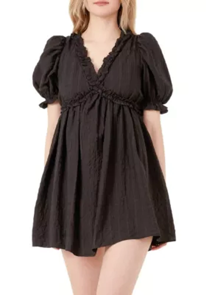 Double Ruffled Band Mini Puff Sleeve Dress