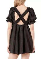 Double Ruffled Band Mini Puff Sleeve Dress