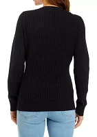 Women's Long Sleeve Cable Knit Button Trim Sweater