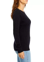 Women's Long Sleeve Cable Knit Button Trim Sweater