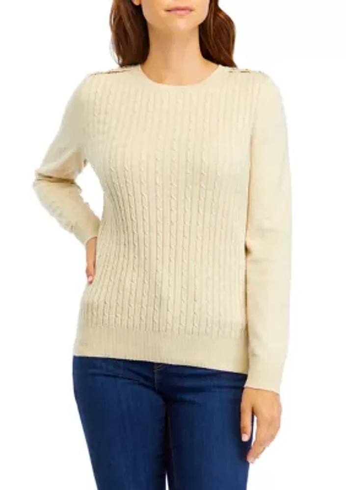 Women's Long Sleeve Cable Knit Button Trim Sweater