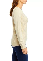 Women's Long Sleeve Cable Knit Button Trim Sweater