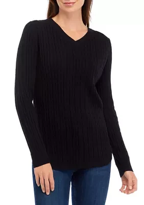 Women's Long Sleeve V-Neck Cable Sweater