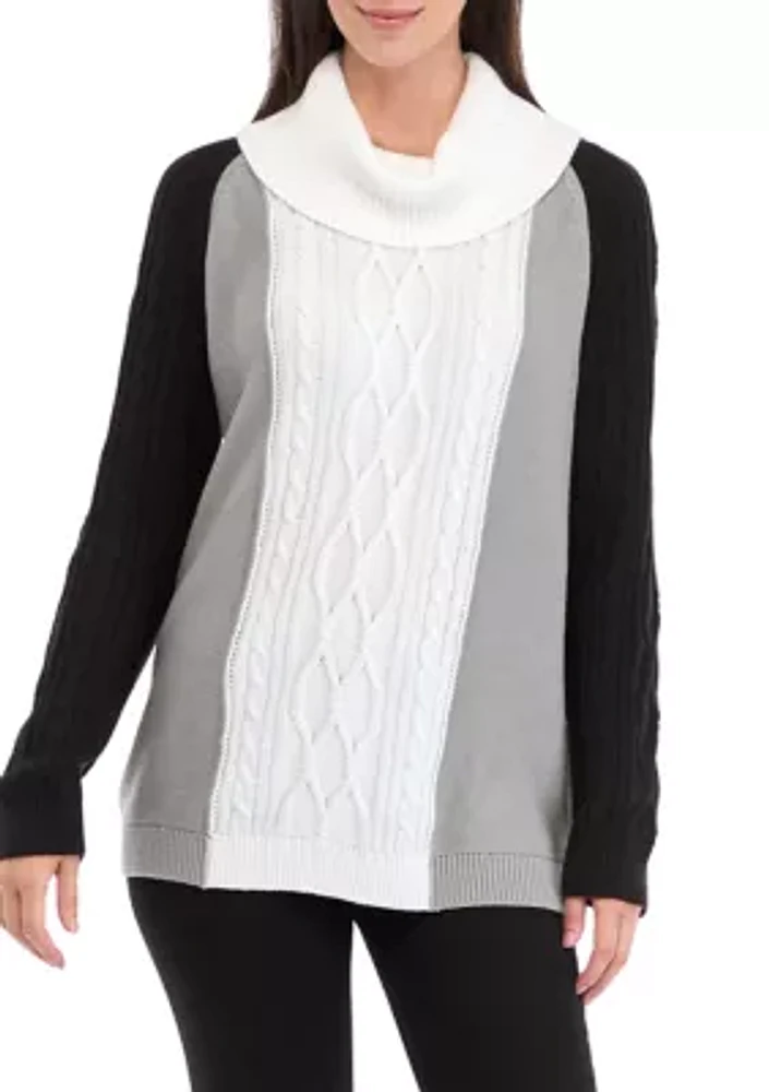 Women's Cowl Neck Color Blocked Cable Knit Sweater