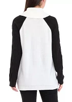 Women's Cowl Neck Color Blocked Cable Knit Sweater