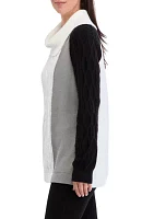 Women's Cowl Neck Color Blocked Cable Knit Sweater