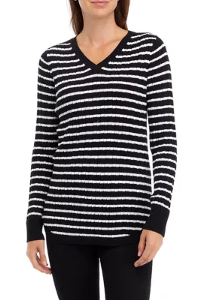 Women's Long Sleeve Cable V-Neck Striped Sweater