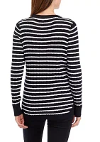 Women's Long Sleeve Cable V-Neck Striped Sweater