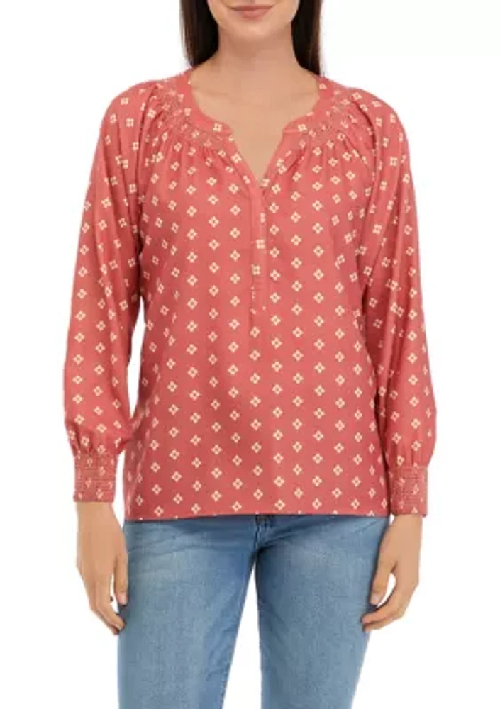 Women's Long Sleeve Split Neck Popover Printed Top