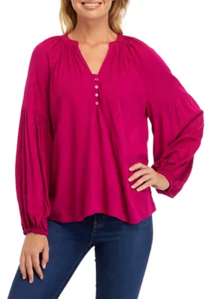 Women's Split Neck Henley Peasant Top