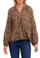 Women's Split Neck Blouson Sleeve Printed Peasant Top