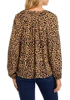 Women's Split Neck Blouson Sleeve Printed Peasant Top