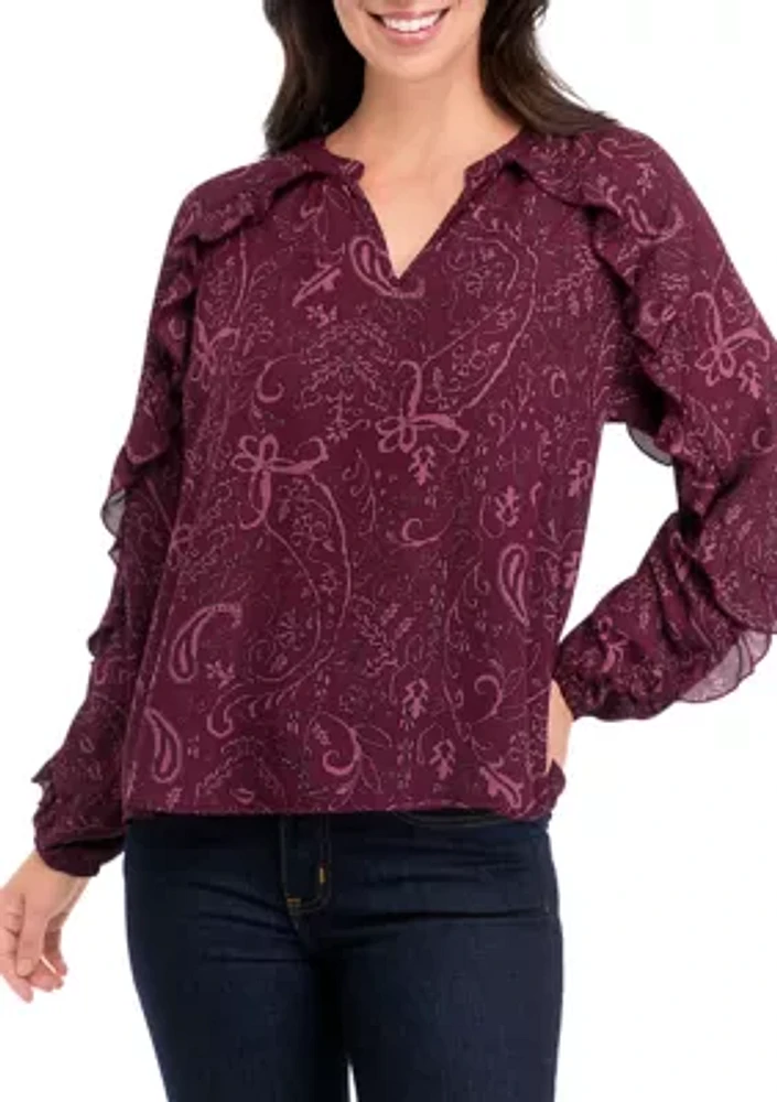 Women's Ruffle Detail Printed Peasant Top