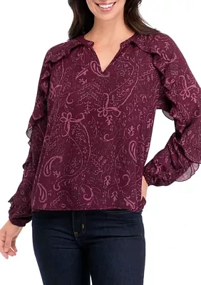 Women's Ruffle Detail Printed Peasant Top