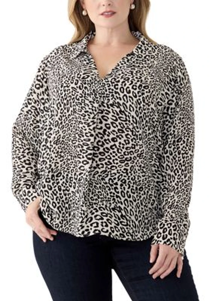 Plus Long Sleeve Printed Collared Blouse