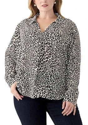 Plus Long Sleeve Printed Collared Blouse