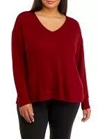 Plus Long Sleeve Raw Edge V-Neck Top