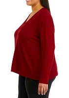 Plus Long Sleeve Raw Edge V-Neck Top