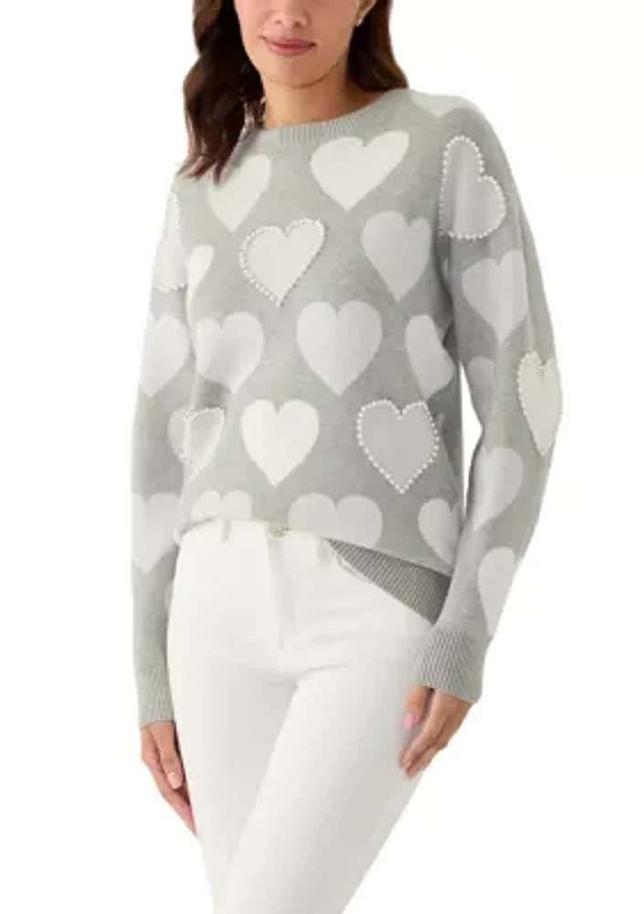 Women's Heart Printed Pearl Embellished Sweater