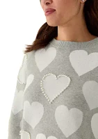 Women's Heart Printed Pearl Embellished Sweater