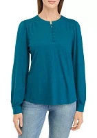 Women's Long Sleeve Smocked Henley Top