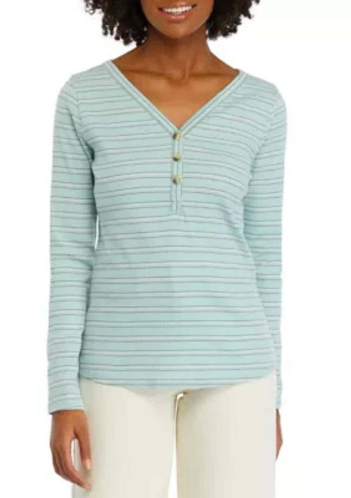 Women's Long Sleeve Henley Striped Top