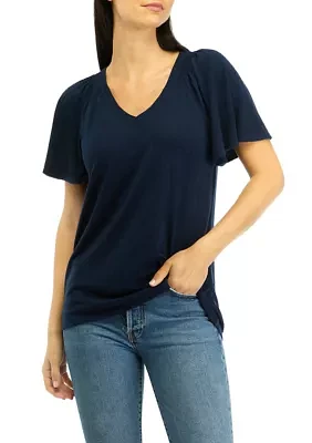 Women's V-Neck Flutter Sleeve Solid T-Shirt