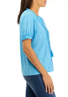 Petite Short Sleeve Pintuck Peasant Top