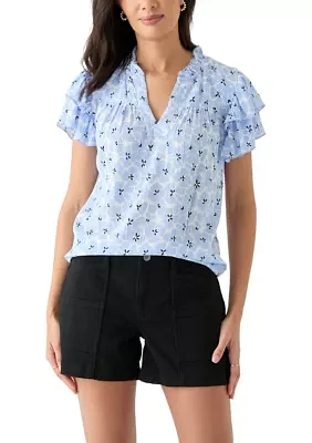 Women's Split Neck Printed Flutter Sleeve Top