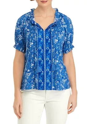 Petite Pintuck Printed Peasant Top